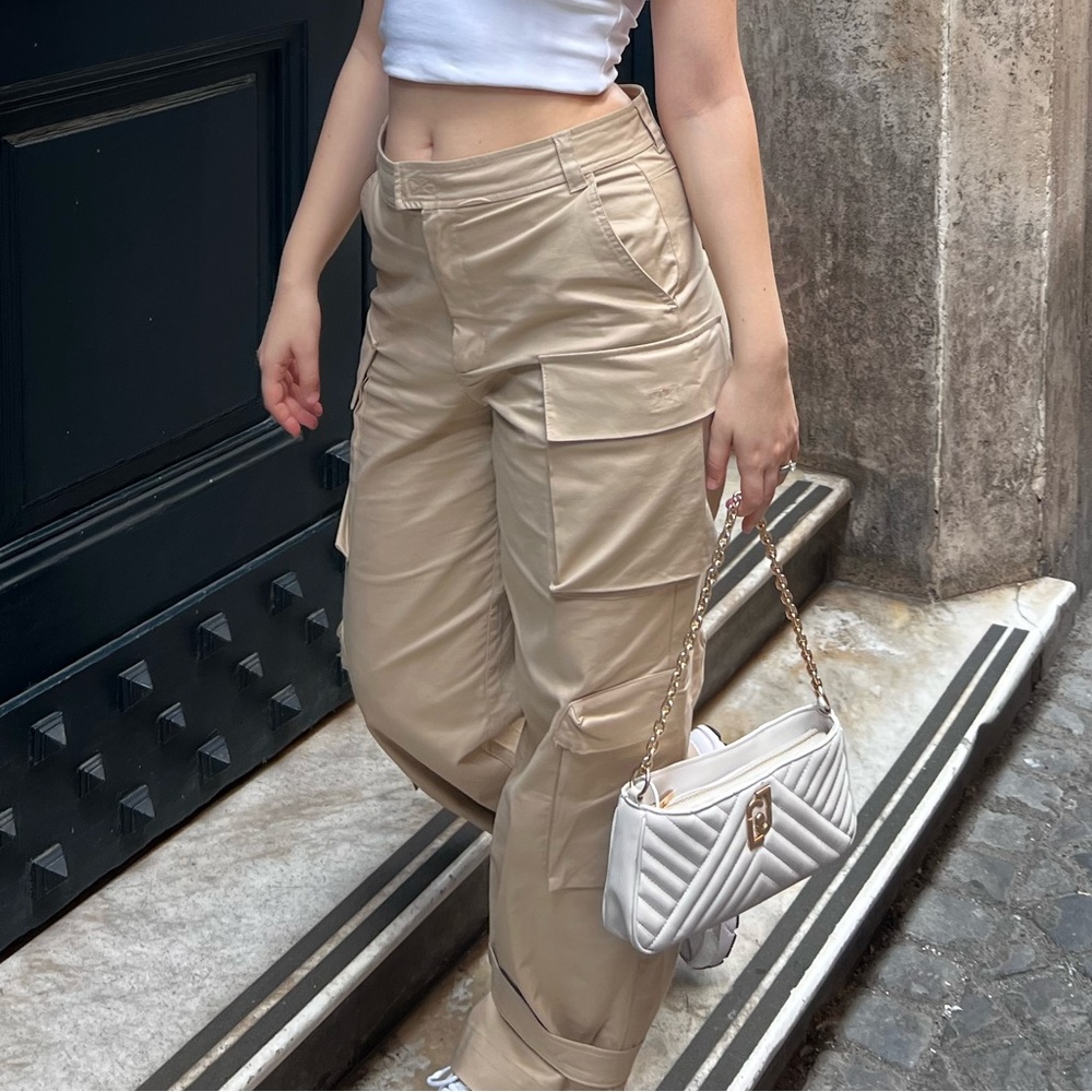 White Tube Top and Tan Cargo Pants